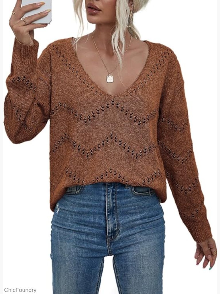 Crochet Pullover Sweater Long Sleeve V-Neck Loose Fit Cozy Knit Top